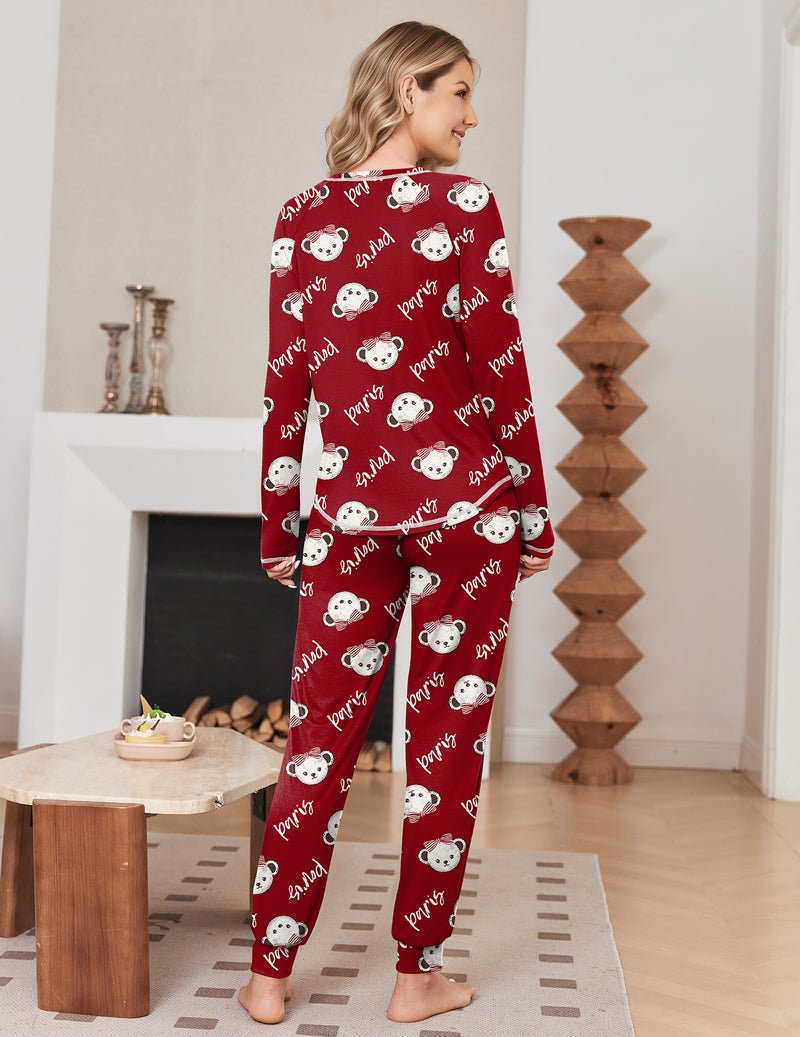 Roter 2-teiliger Pyjama-Set mit langen Ärmeln und Teddy-Print Joggerhose (Rückansicht)
