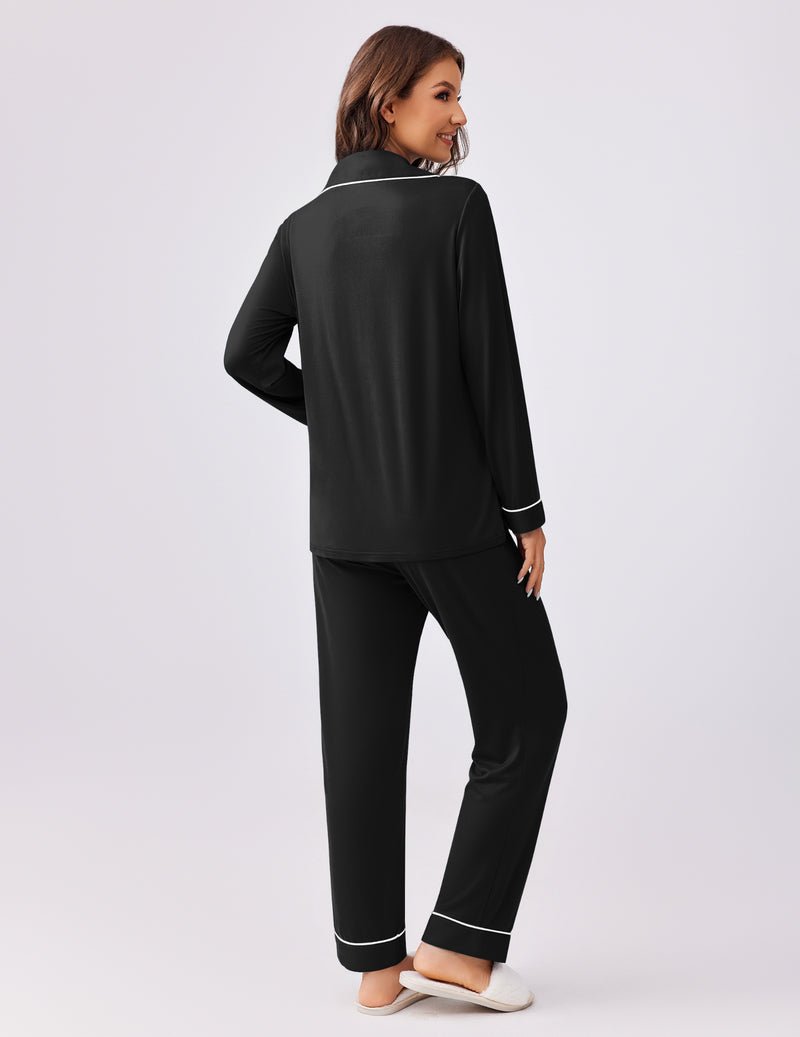 Schwarzes 2-teilige Pyjama-Set mit Reverskragen und Knopfleiste, lange Hose mit Kontrastkanten