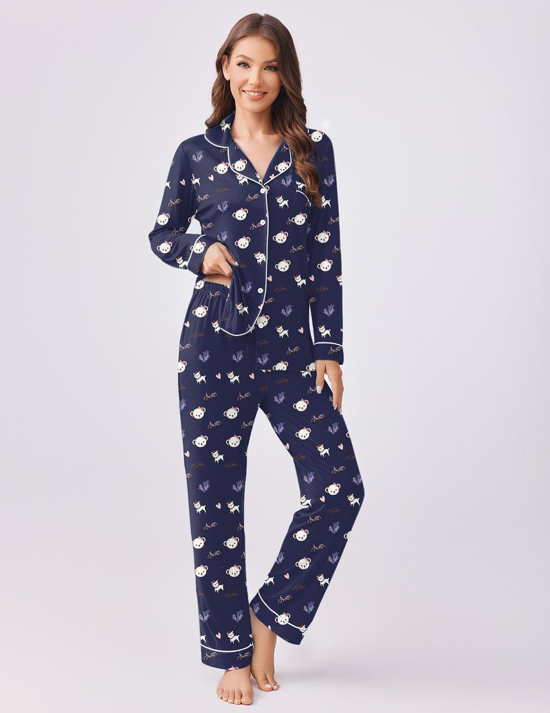 Navy blue teddy pajamas set with button-front top, long sleeves, and straight long pants.