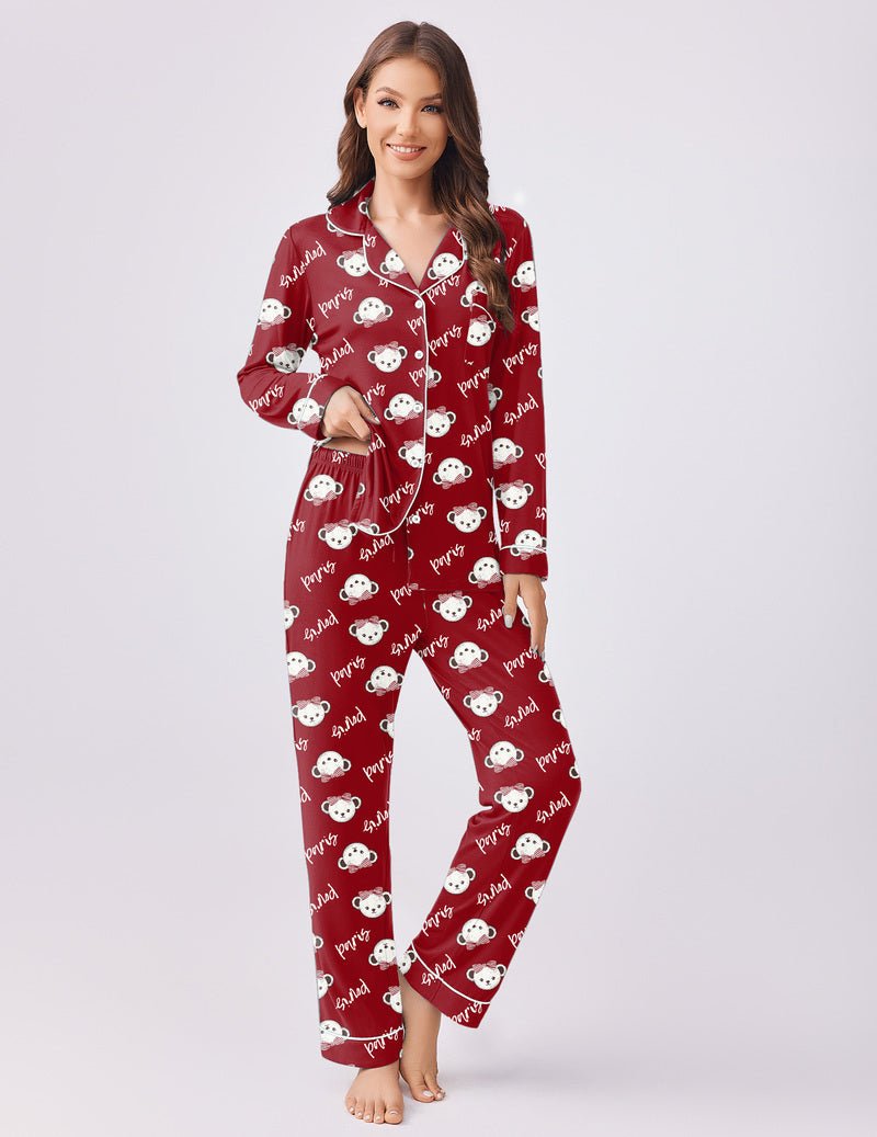 Red teddy pajama set with long sleeves and long pants; playful teddy pattern throughout.