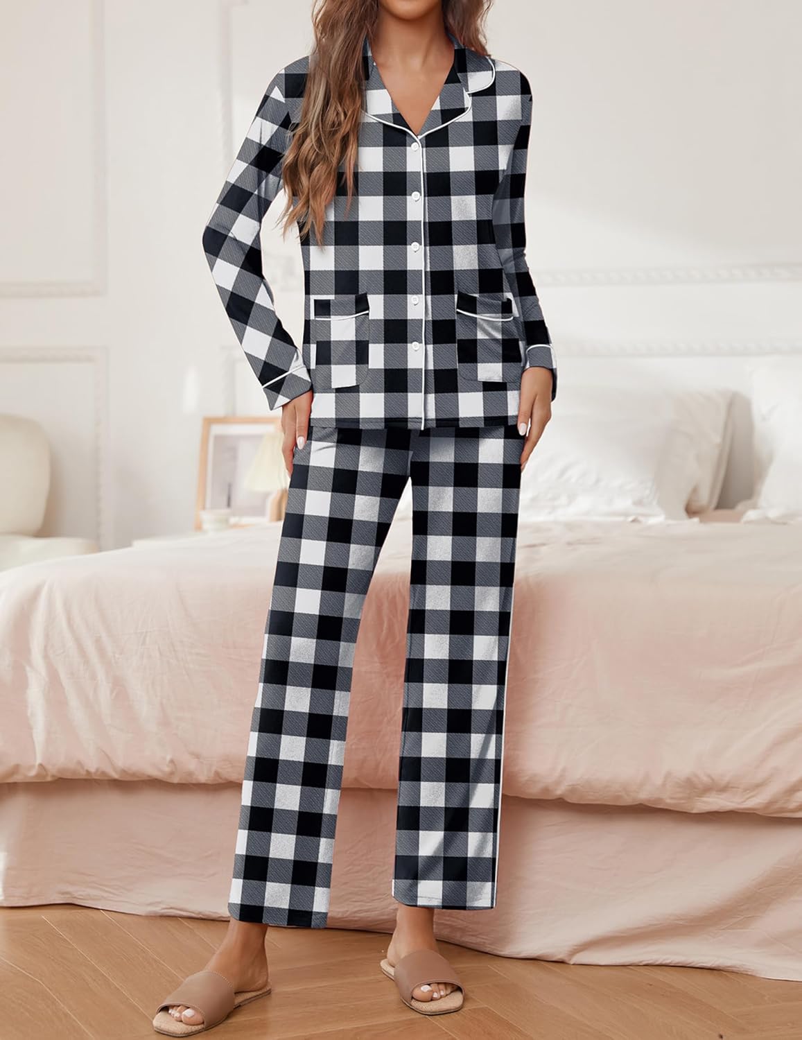 Black check pajama set: long-sleeve button shirt and matching plaid trousers