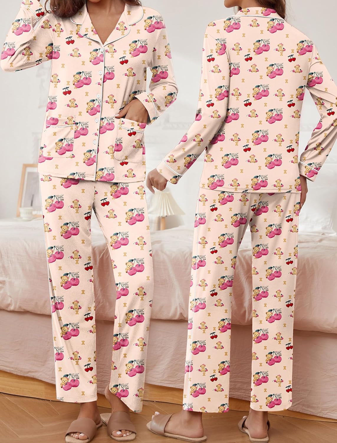 Pink cute-pattern TEDDY pajama set with long-sleeve button shirt and wide pants