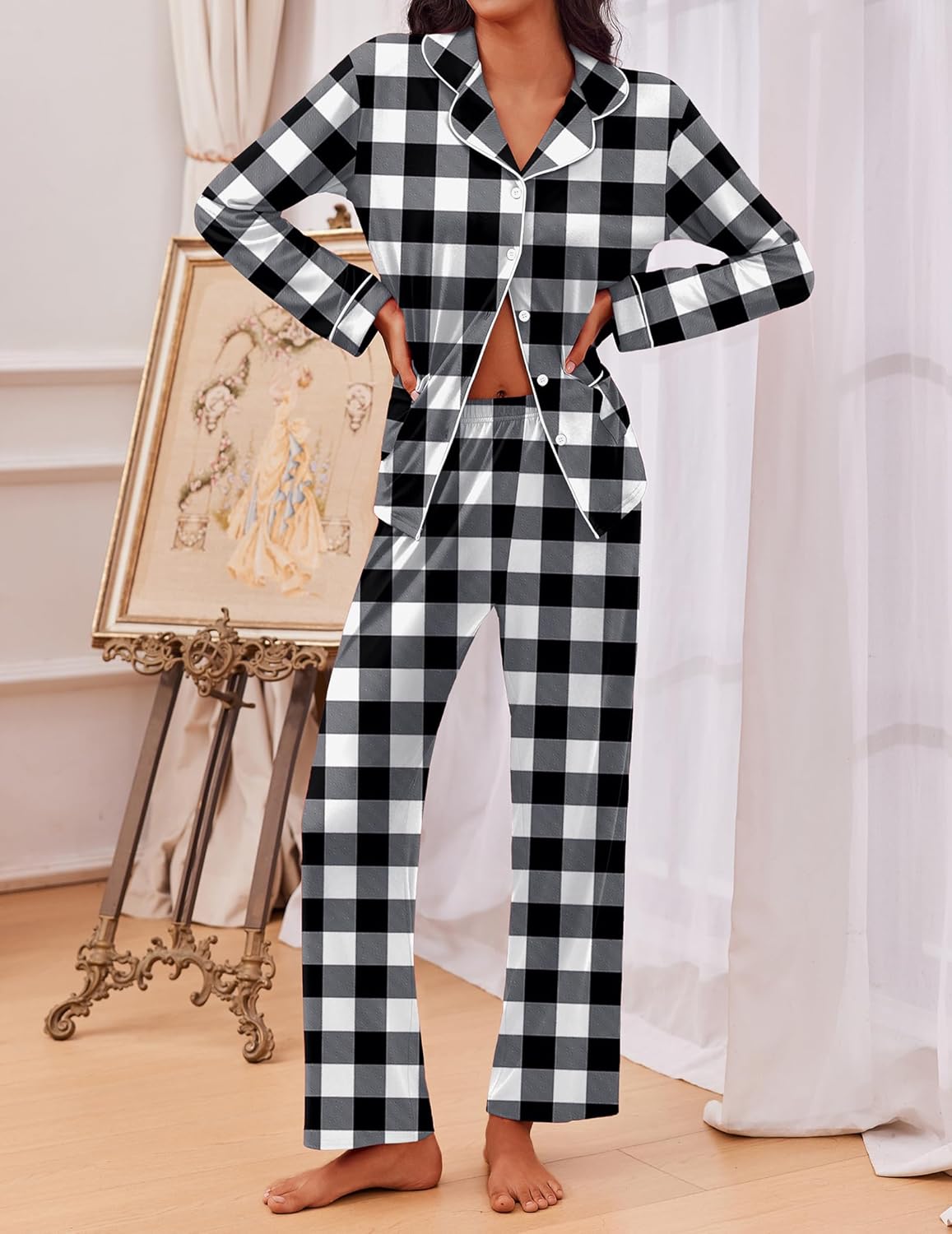 Black-and-white buffalo-check pajama set: long-sleeve button shirt and matching pants