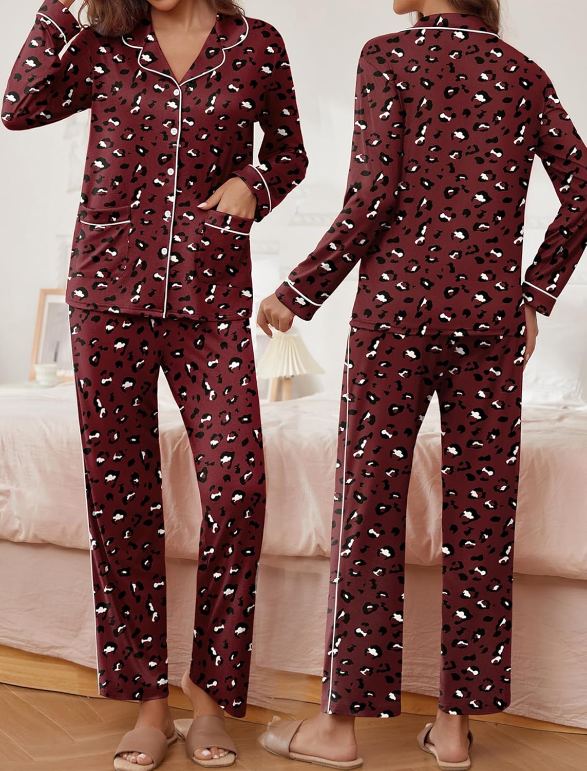 Wine red pajama set with black cat-print long-sleeve button shirt and pants