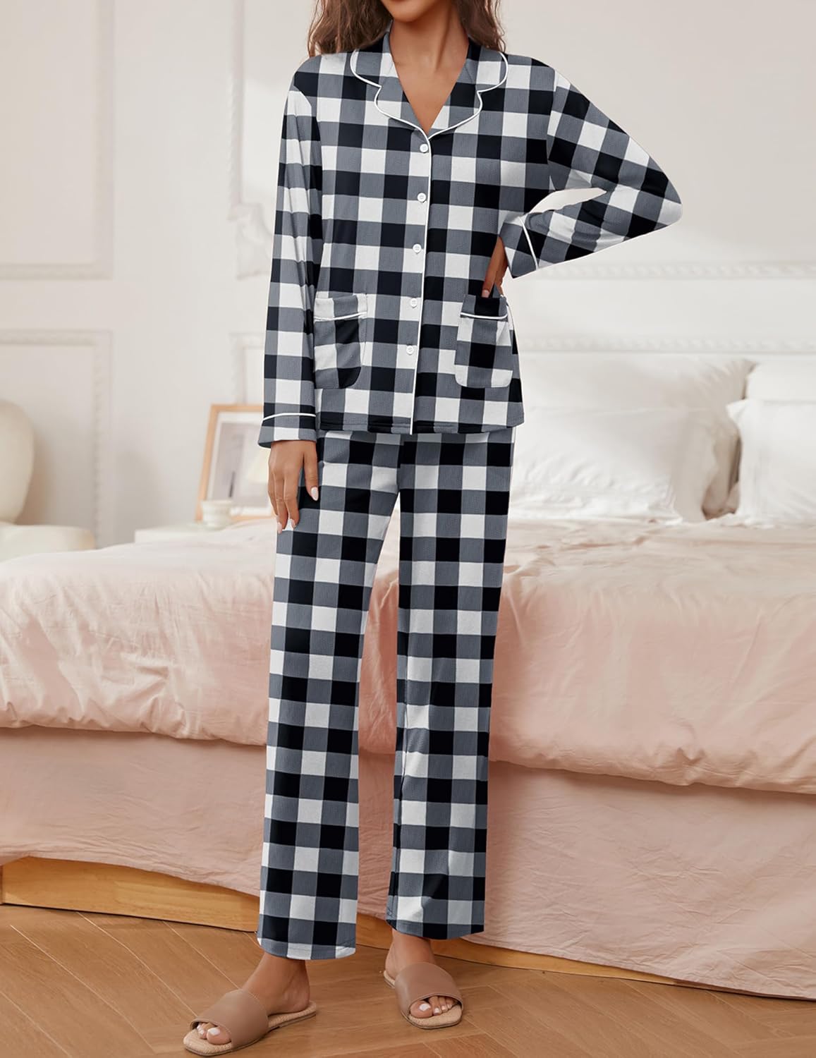 Black-and-white plaid pajama set, long-sleeve shirt with pockets and matching pants