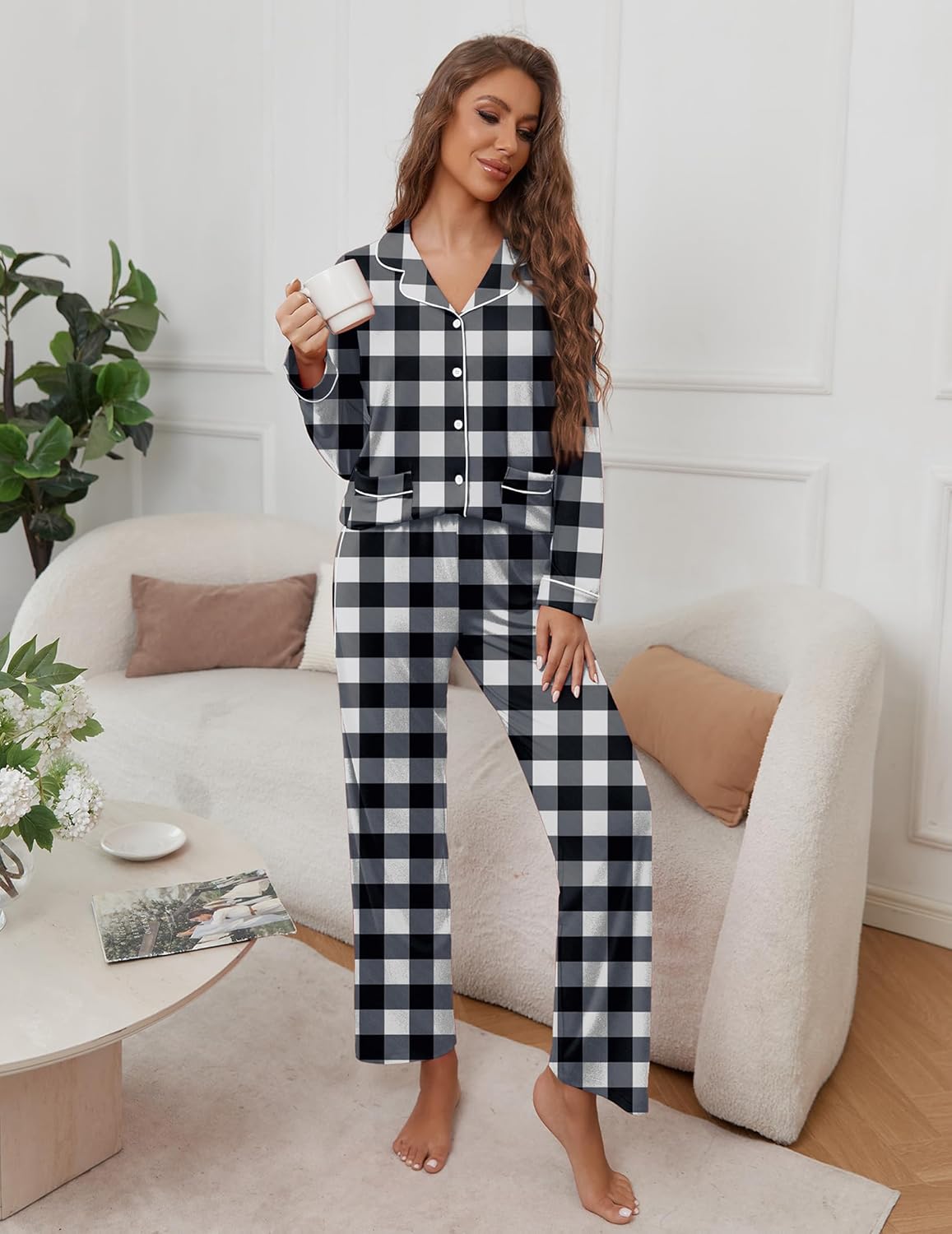 Black-and-white plaid TEDDY pajama set: button shirt and long pants