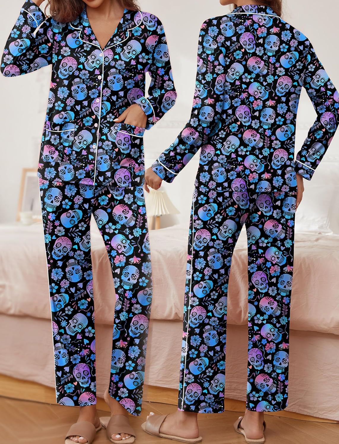 Teddy pajama set long sleeves and wide-leg pants in dark blue skull floral print