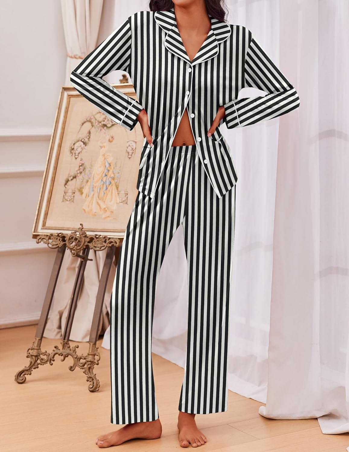 Black striped TEDDY pajama set, button-front long-sleeve shirt and matching pants