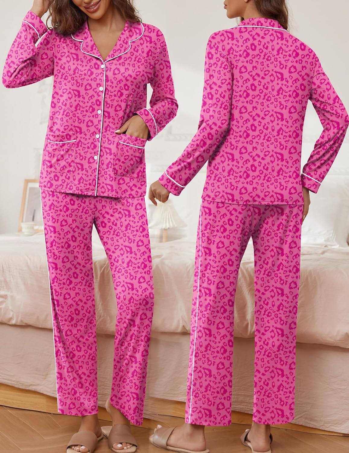 Hot Pink Leopard TEDDY pajama set, button-front long-sleeve top and matching pants