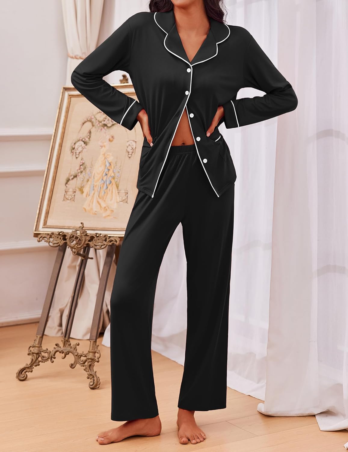 Black TEDDY pajama set, contrast-trim notch collar, long sleeves and wide-leg pants