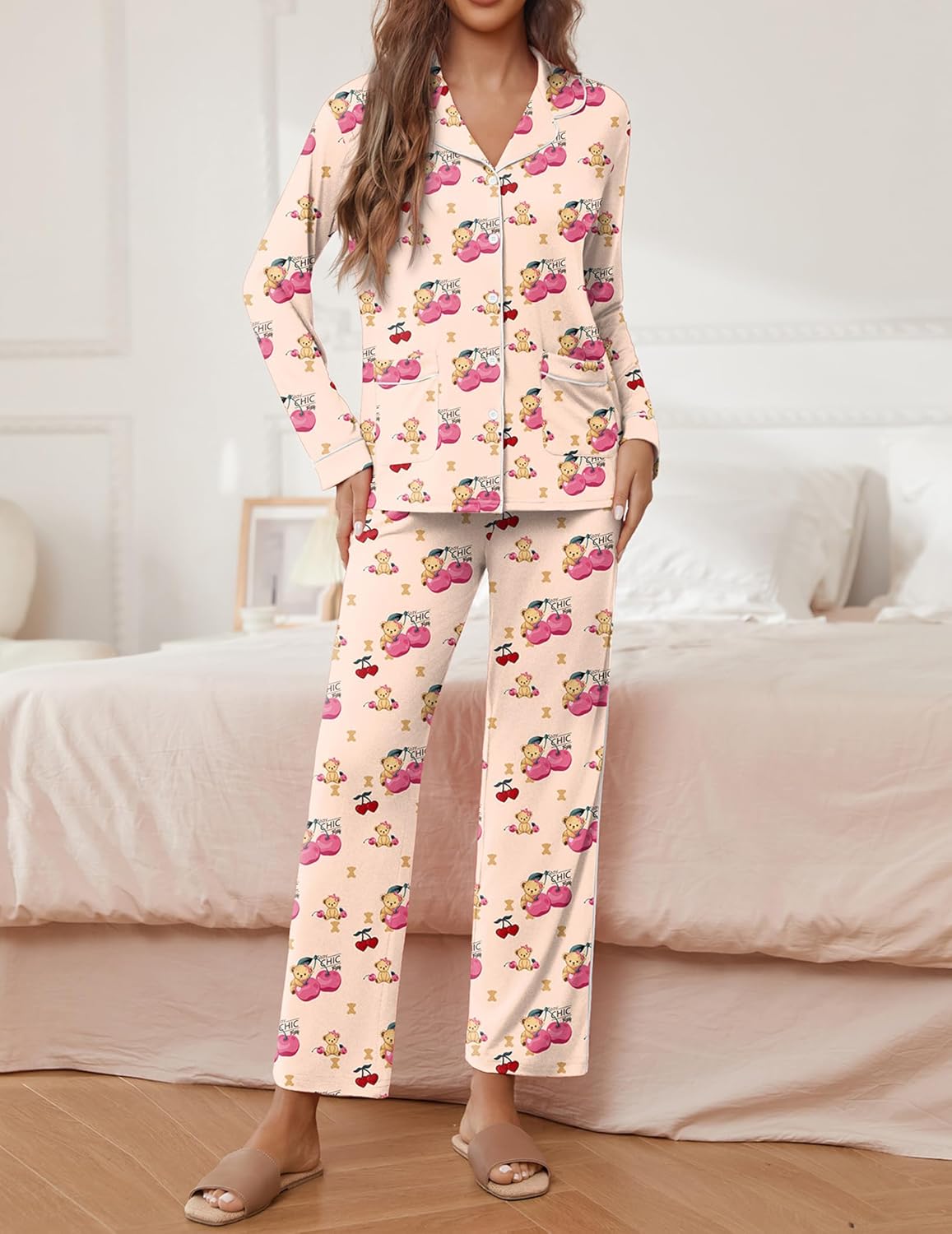 Cream teddy pajama set with pink bear print: button-down shirt and straight-leg pants