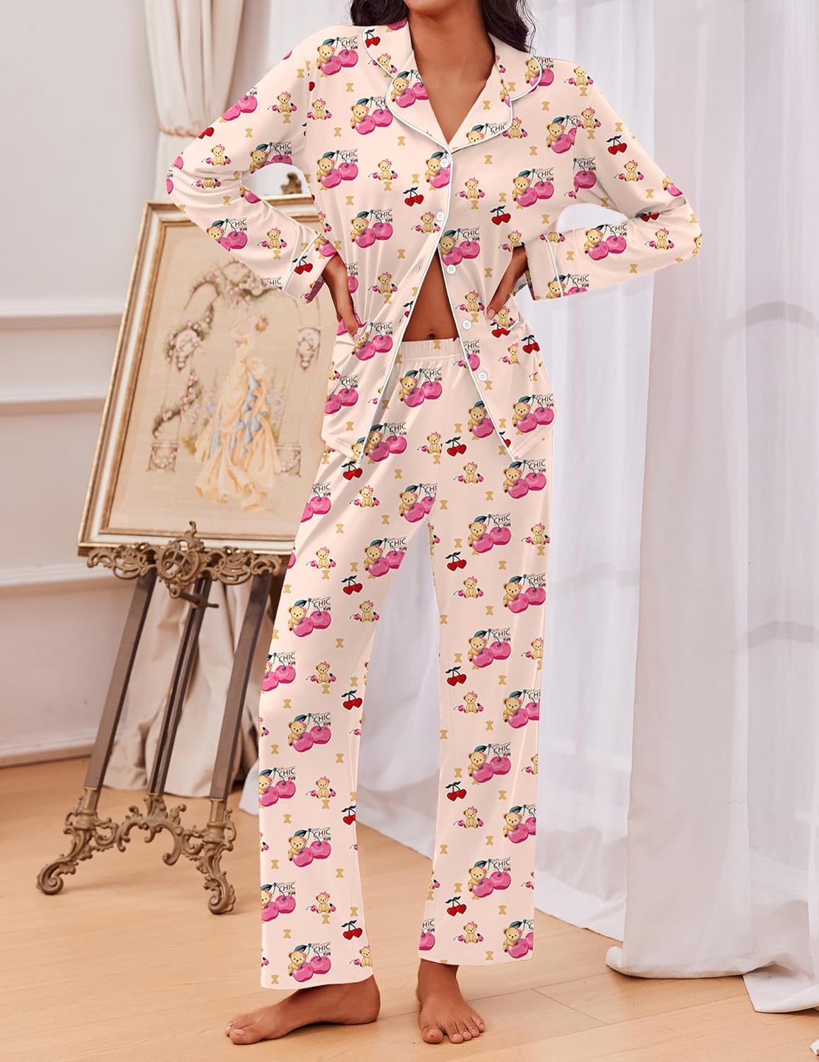 Teddy pajama set: long-sleeve shirt & pants, cream with pink teddy prints