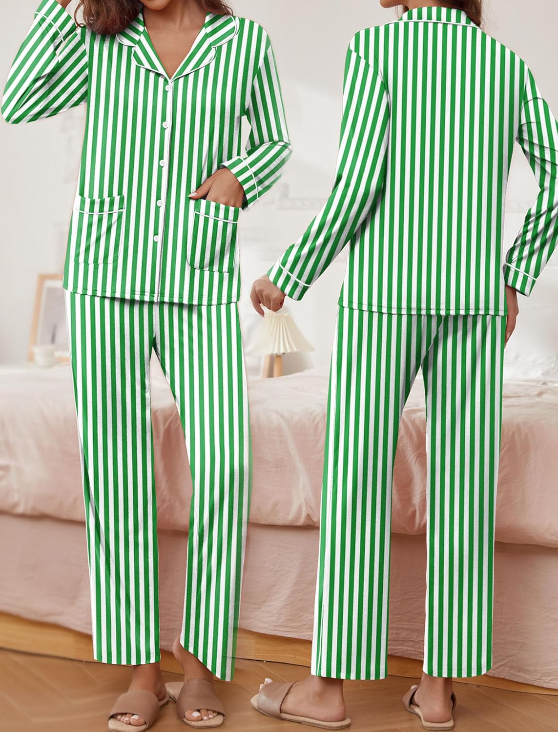 Green striped pajama set: long-sleeve button shirt and matching pants with elastic waist