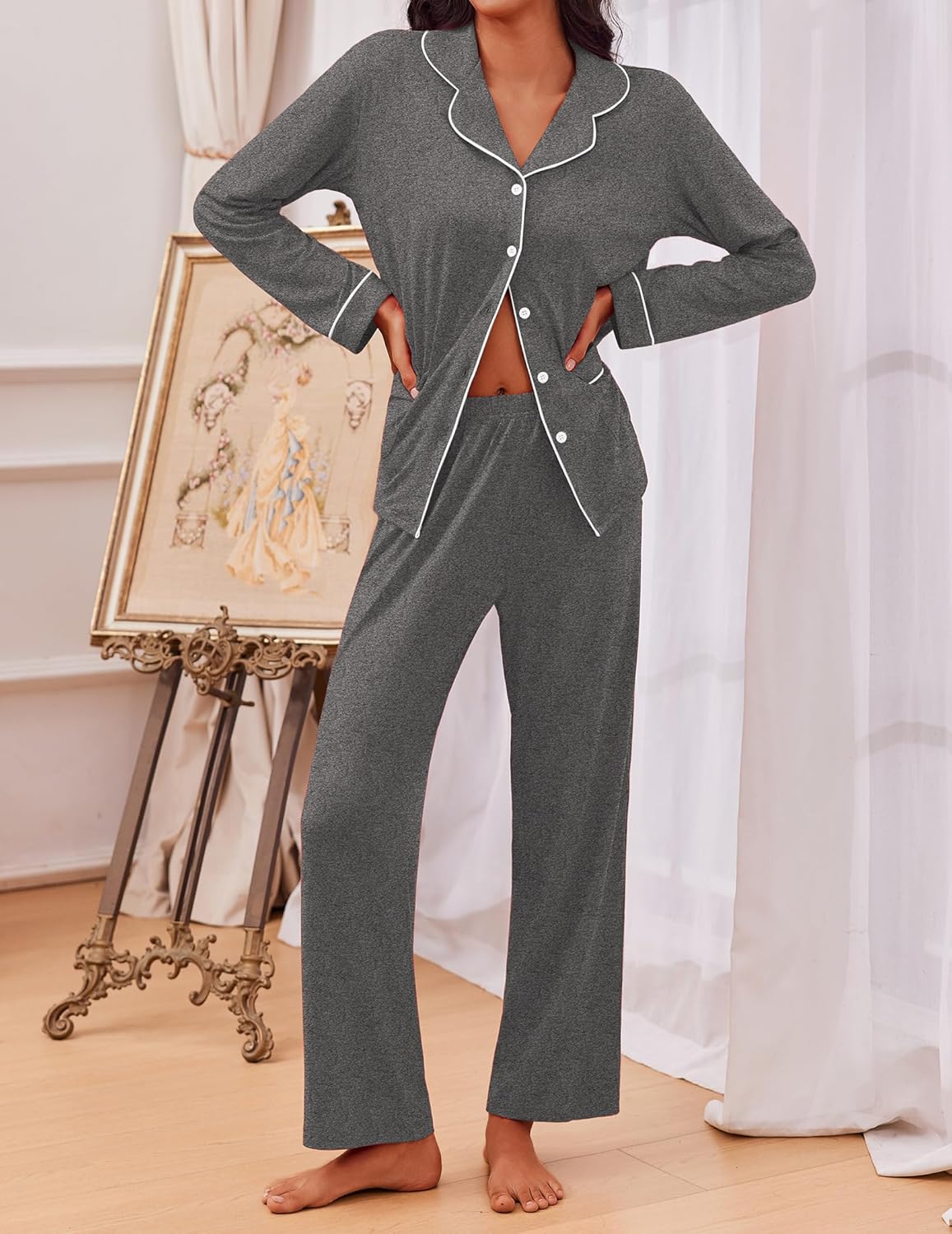 TEDDY pajama set long sleeve shirt and pants, charcoal heather gray, button placket and trim