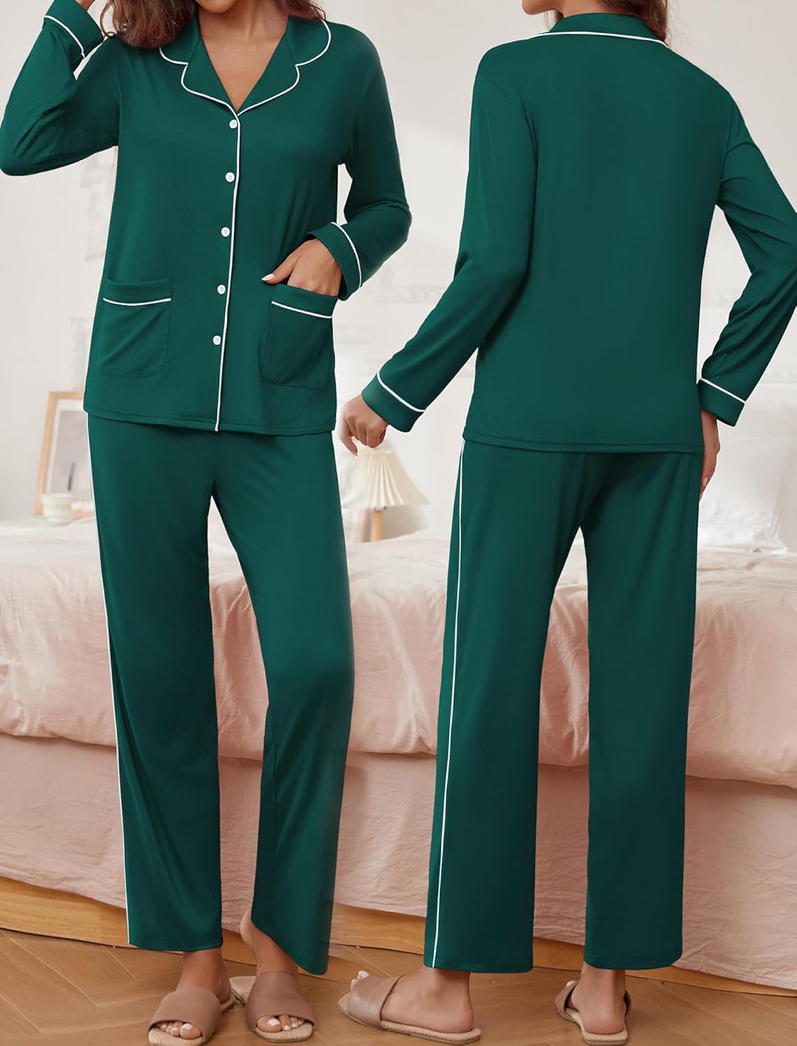 Forest green teddy pajama set, long-sleeve button shirt with pocket and matching pants
