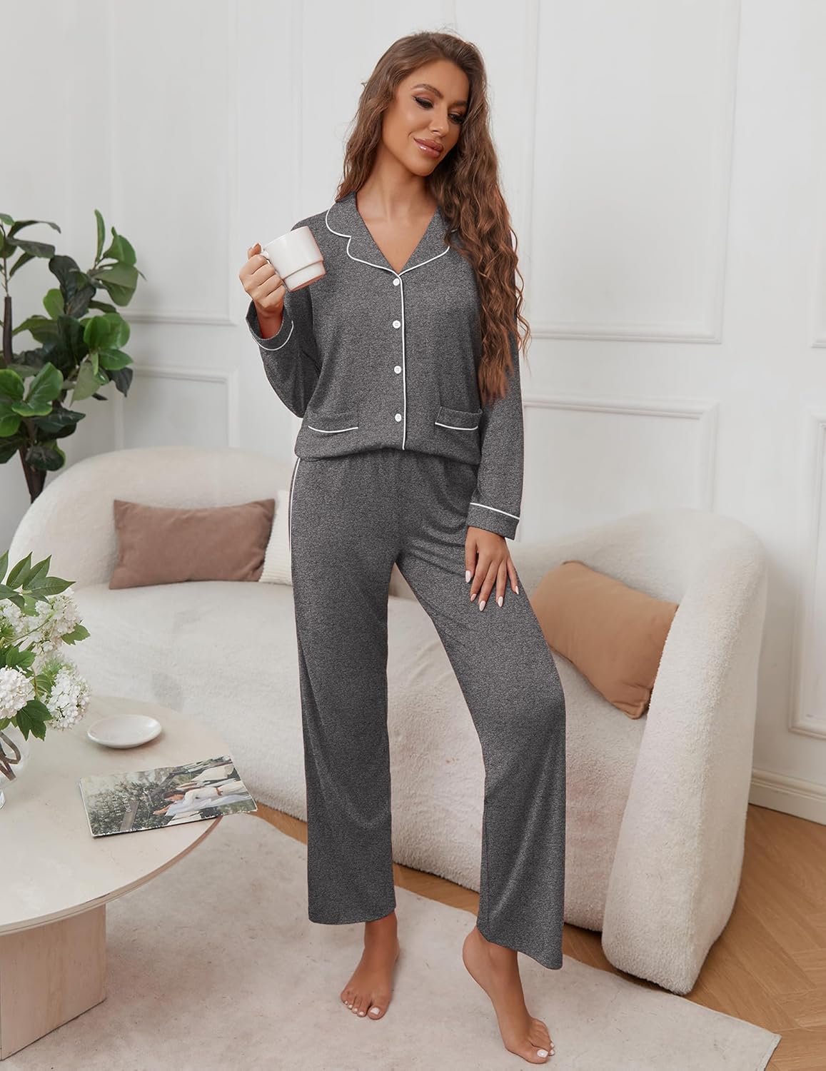 Dark heather grey teddy pajama set, long-sleeve button shirt with contrast trim and pants