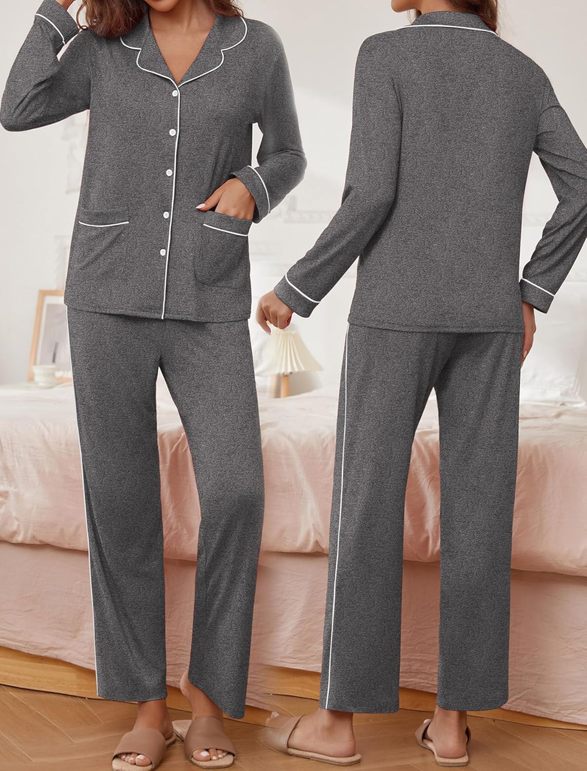 TEDDY pajama set long sleeve shirt and pants, dark heather gray, contrast-trim button top