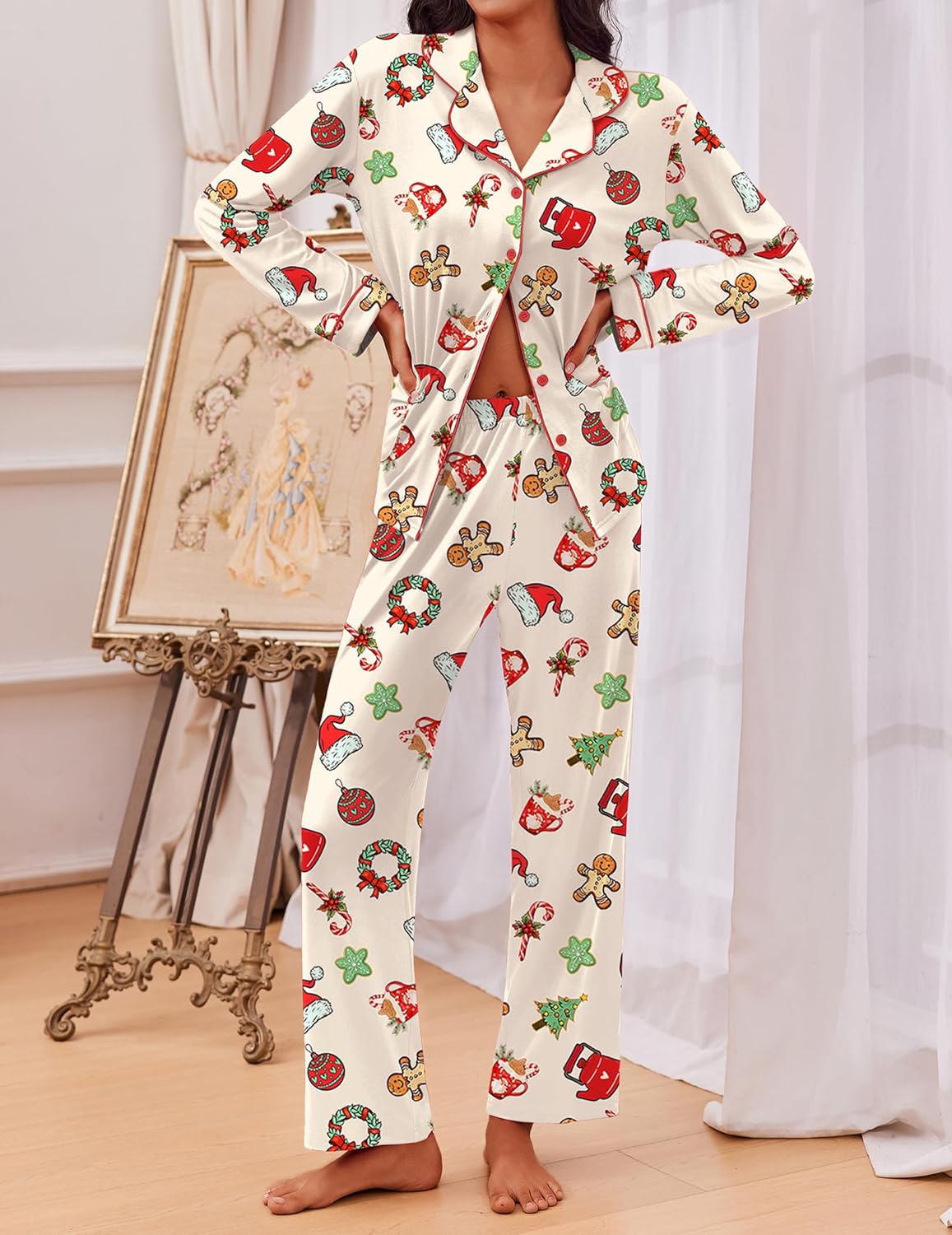 TEDDY pajama set long sleeve shirt and pants, white with colorful holiday pattern and buttons