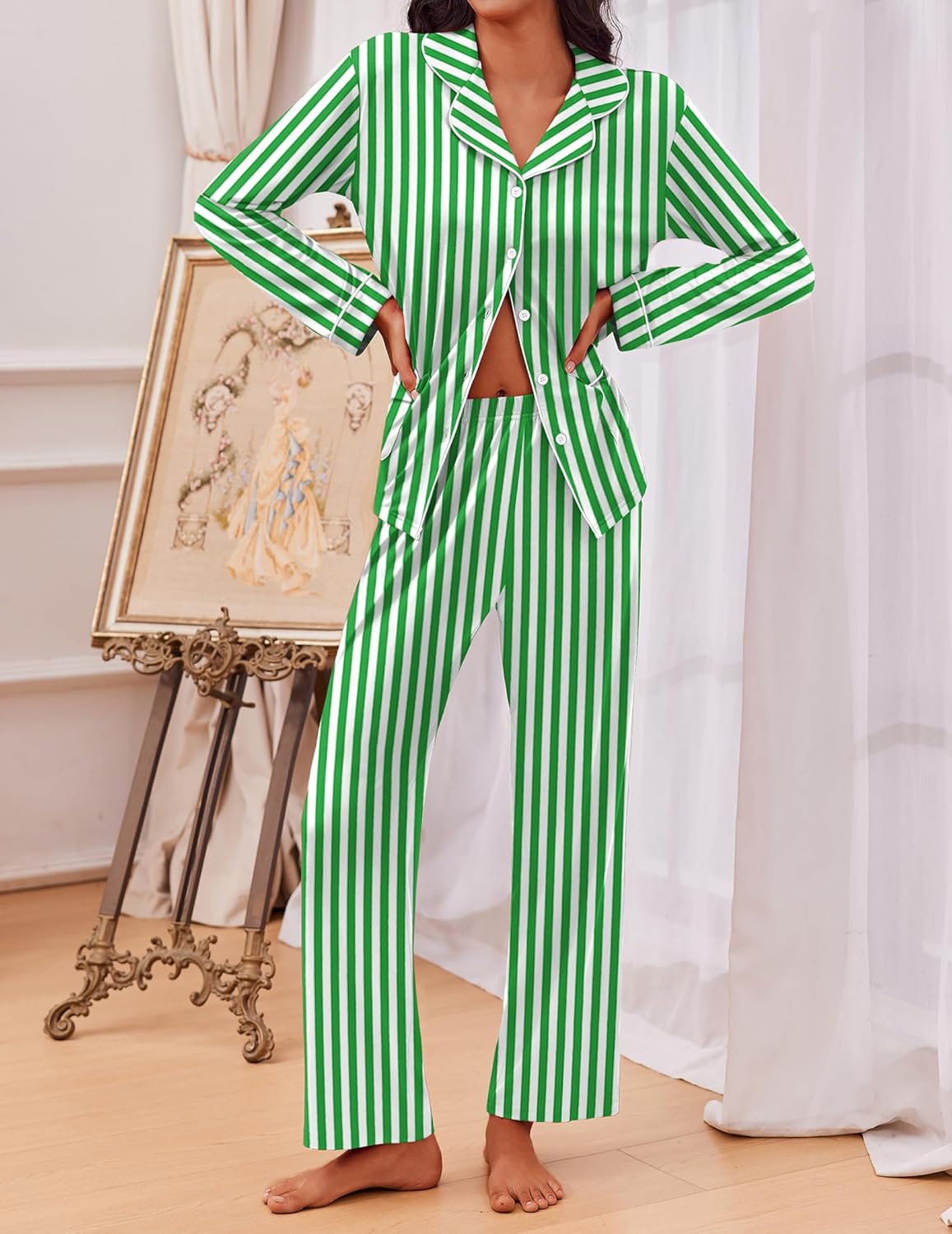 Green-and-white striped long-sleeve pajama set with pants, button front and pockets