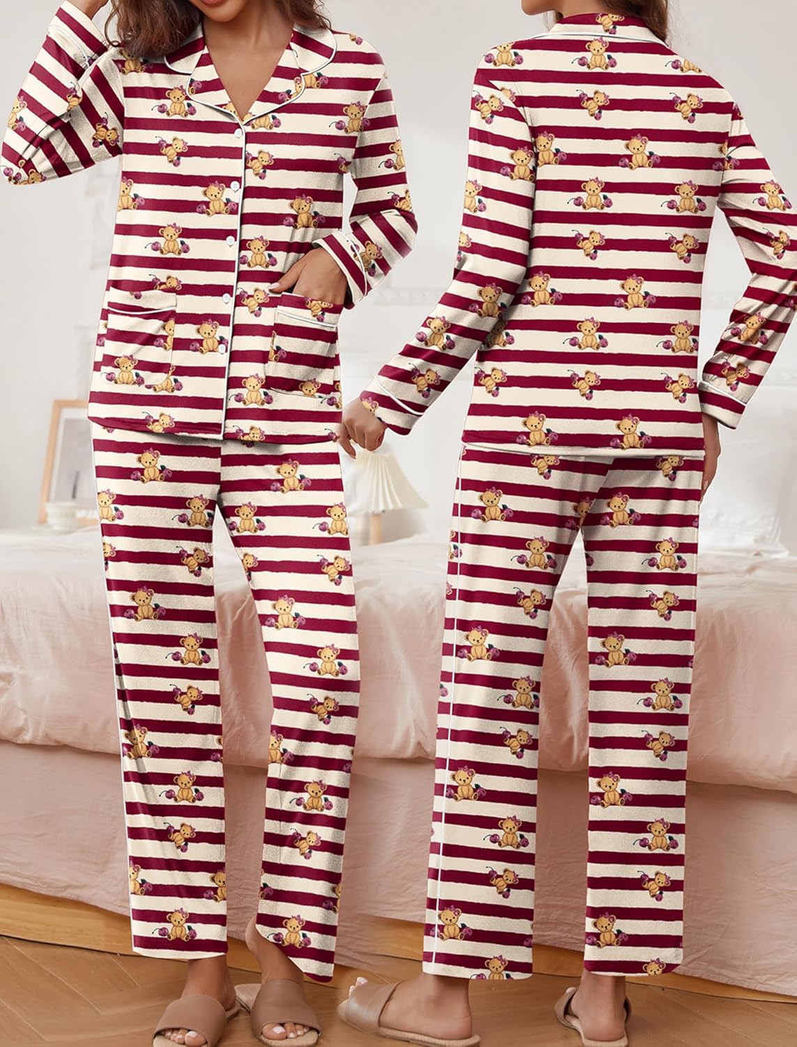 Cherry Teddy long-sleeve pajama set, red striped print with teddy faces, button-front top