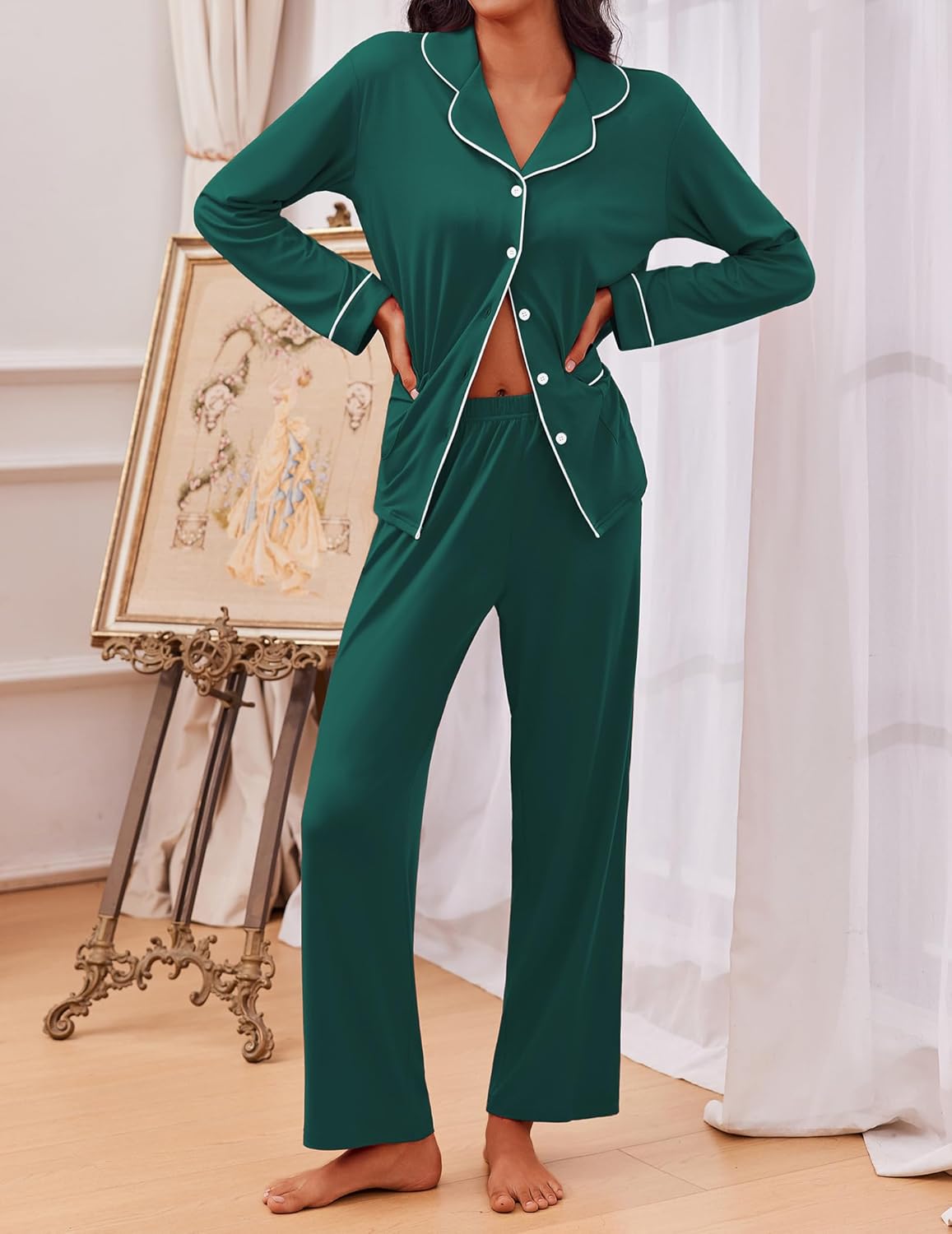 Forest green teddy pajama set, long-sleeve shirt with collar trim and matching pants