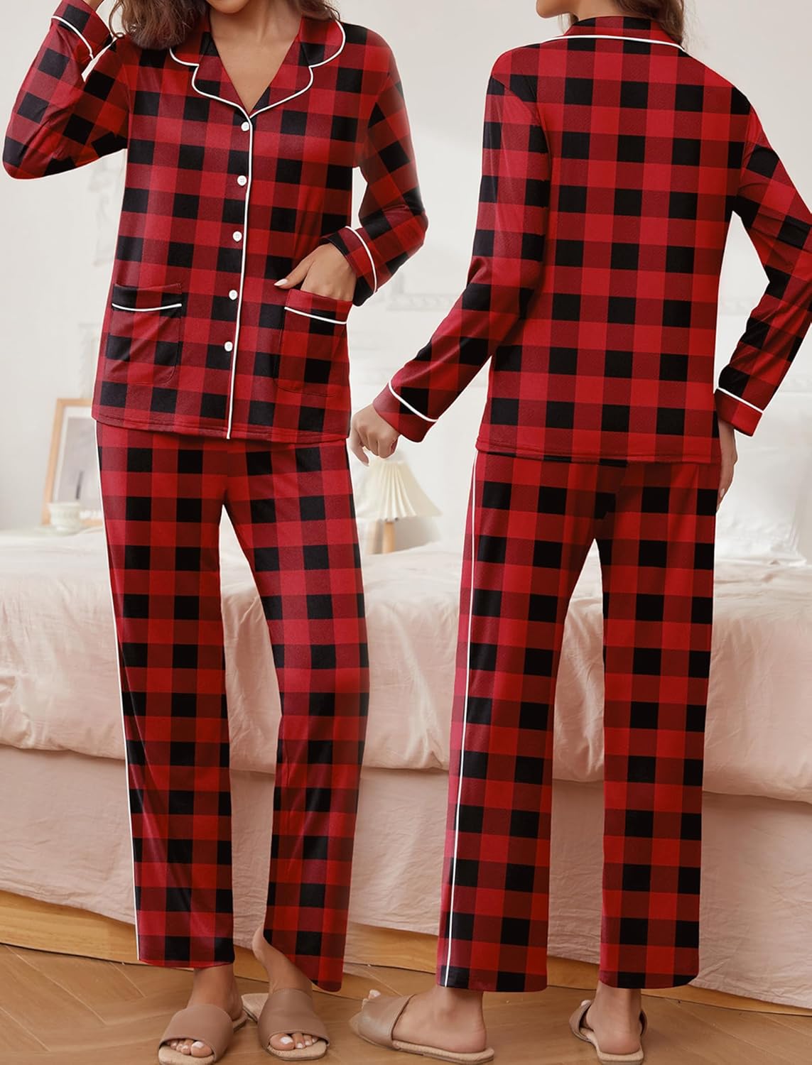 Red and black plaid teddy pajama set, long-sleeve button shirt and matching pants