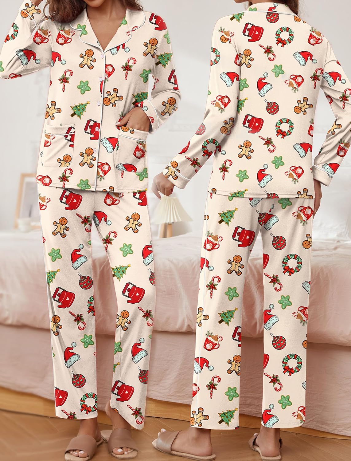 Cream holiday teddy pajama set with long sleeves, button shirt and festive print pants