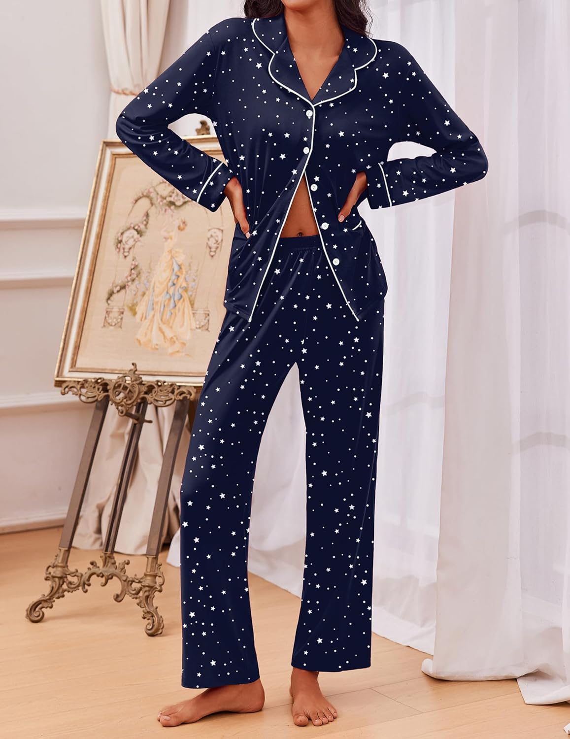 TEDDY pajama set long sleeve shirt and pants, navy star print, pajama top and wide-leg pants
