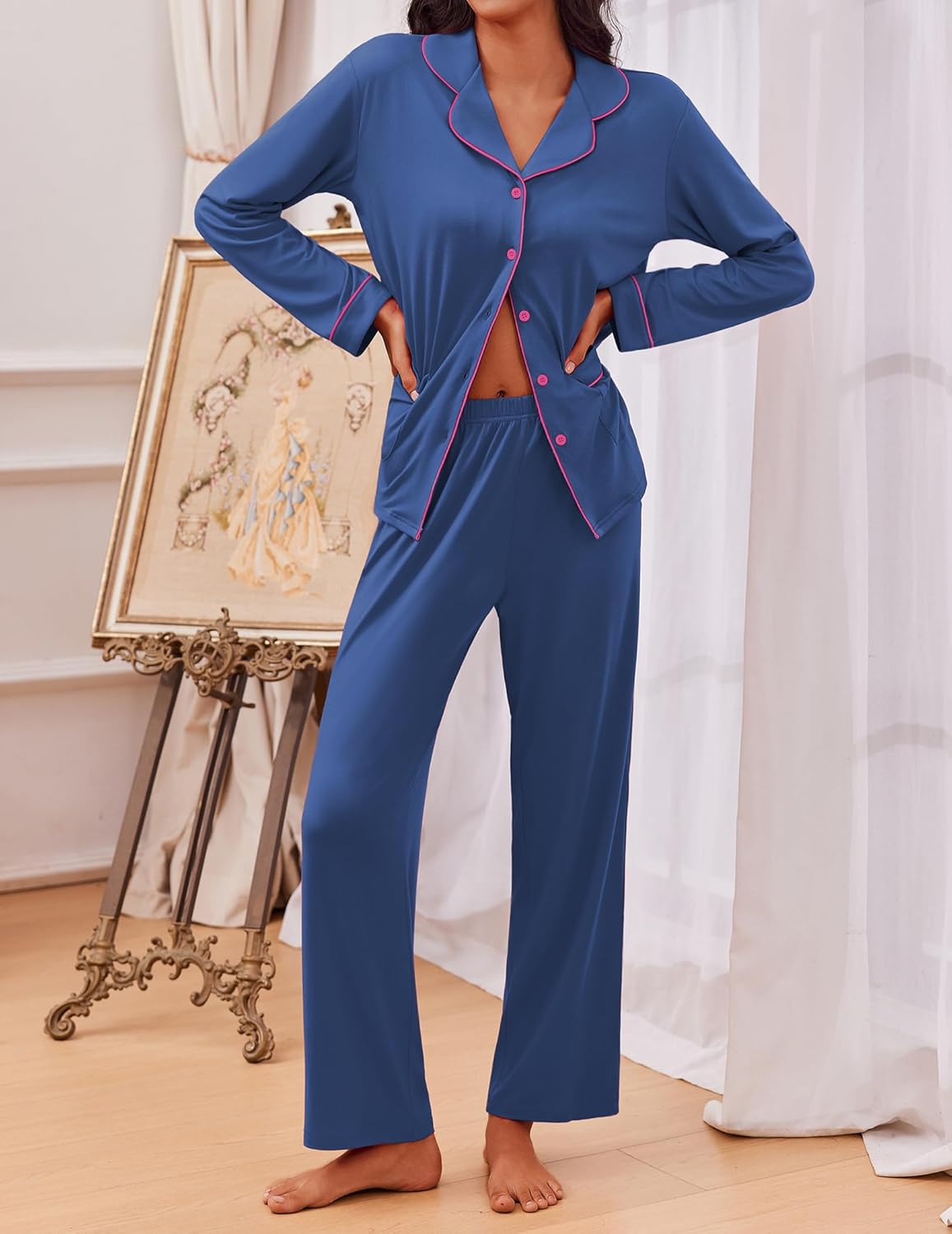 Teddy pajama set in blue with long sleeves and pants, contrast piping and front buttons