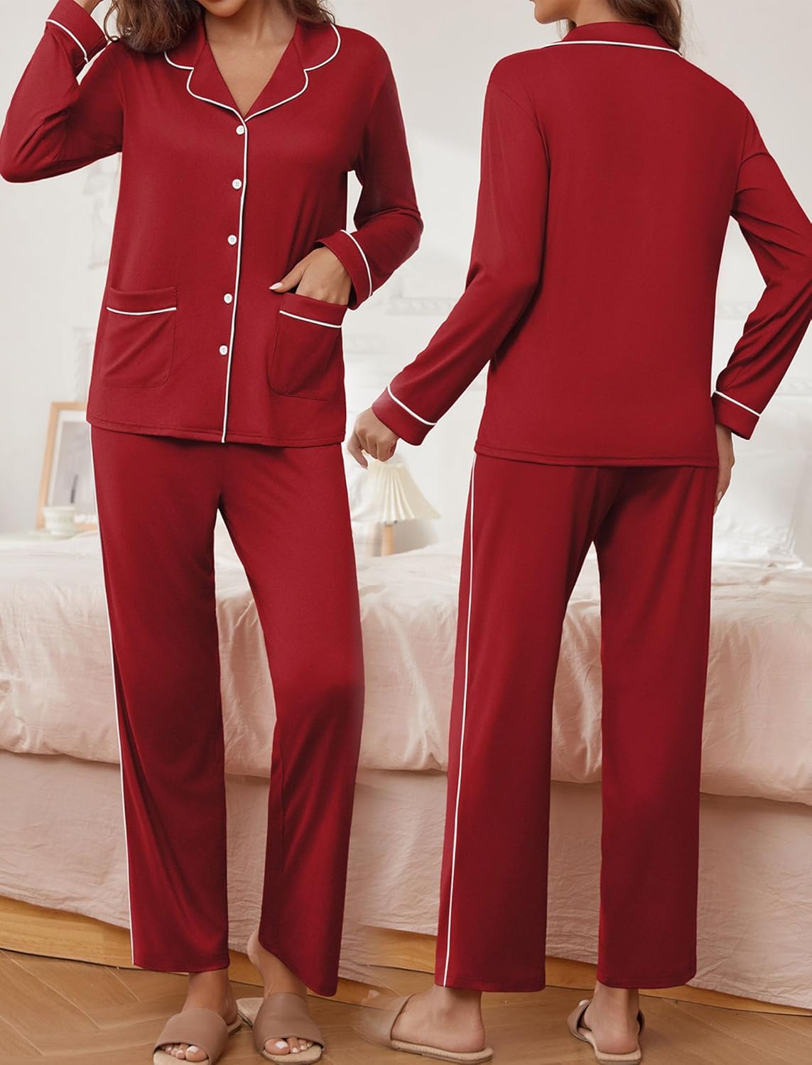 TEDDY pajama set long sleeve shirt and pants, wine red, contrast piping, button front
