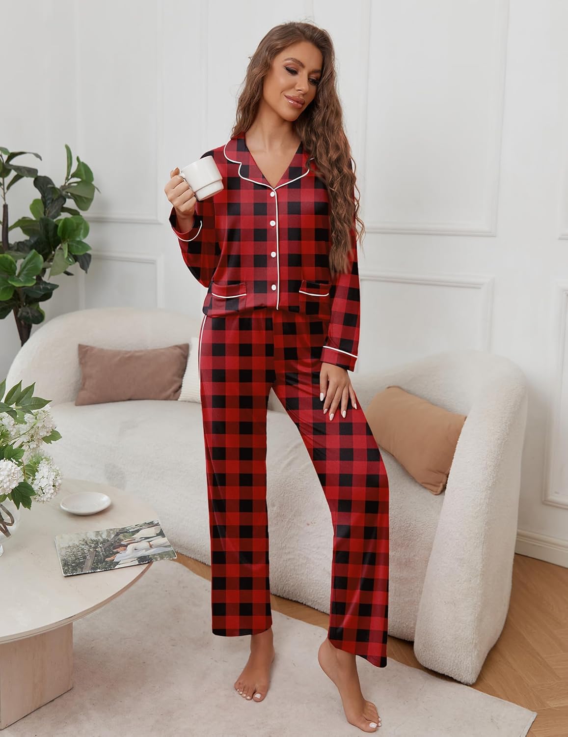 Red and black plaid teddy pajama set, button-front long-sleeve shirt and straight pants