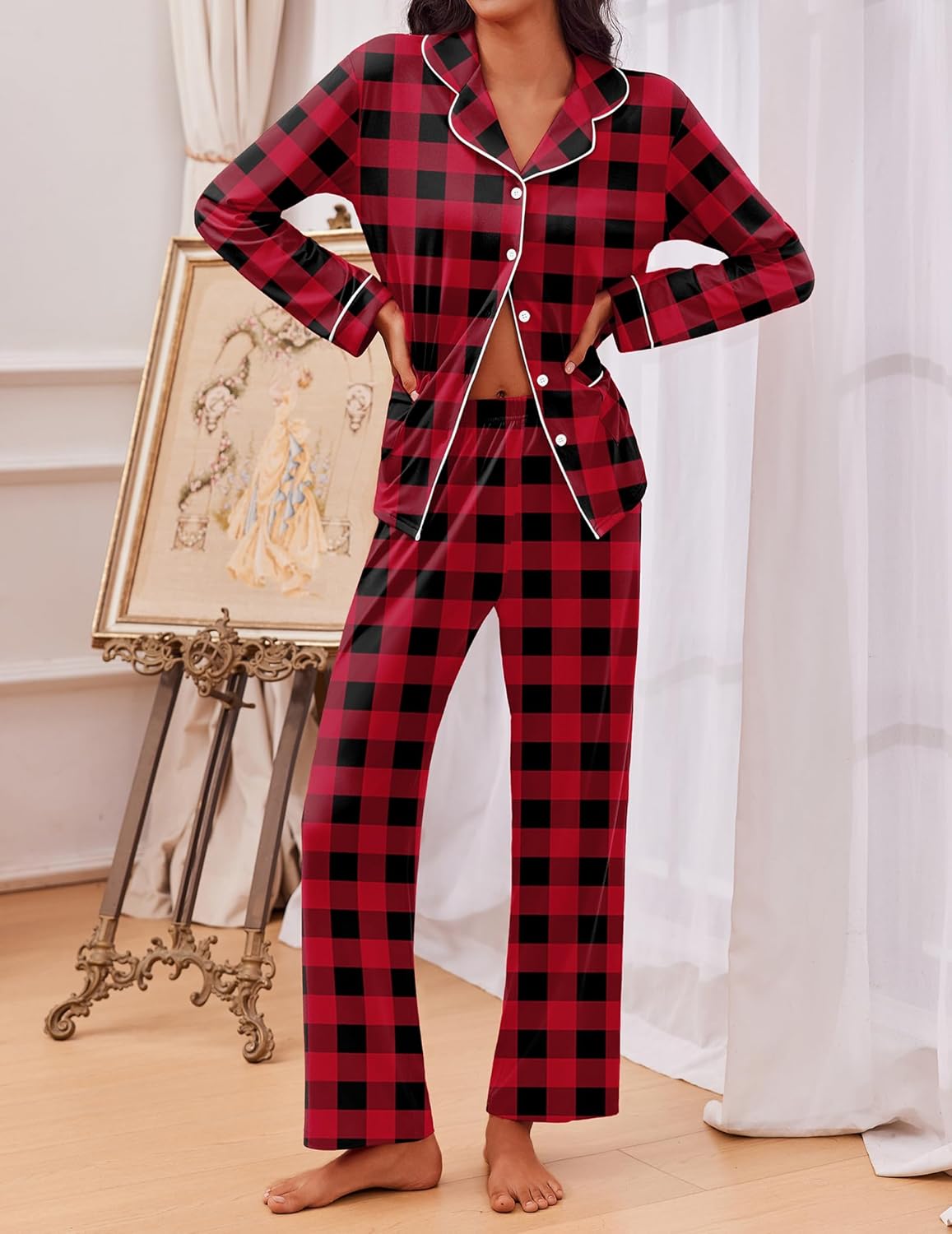 Red/black plaid pajama set, long-sleeve shirt with contrast piping and matching pants