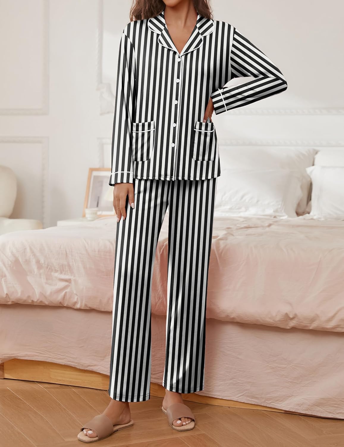 Teddy pajama set with long sleeves and pants in black and white striped fabric
