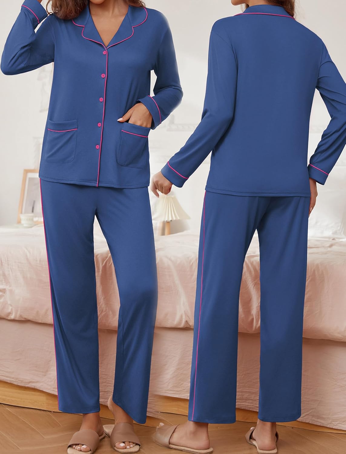 Teddy pajama set in blue with long sleeves and pants, contrast trim and button front