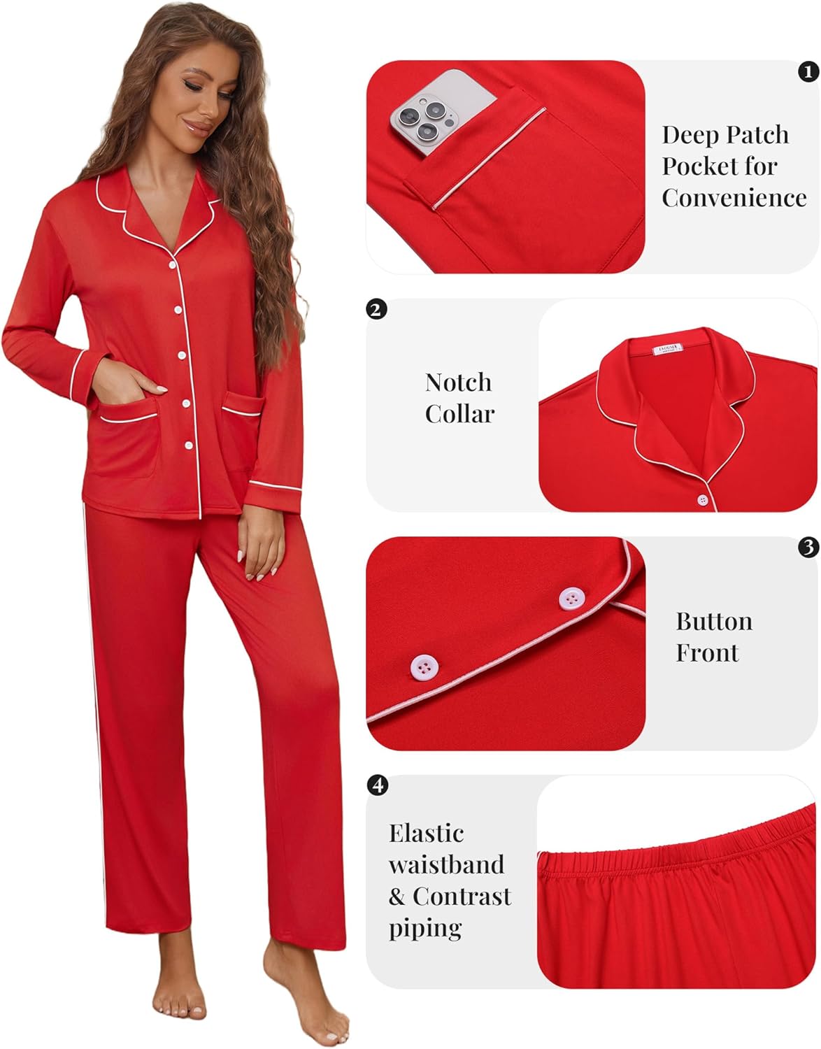 Red teddy pajama set details: notch collar, button front, elastic waistband, pockets