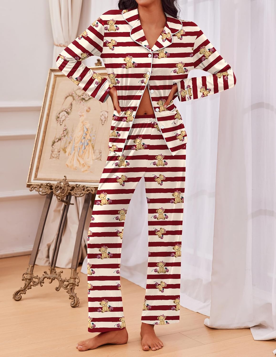 Cherry Teddy pajama set, red-and-white striped teddy print, button-front top and pants