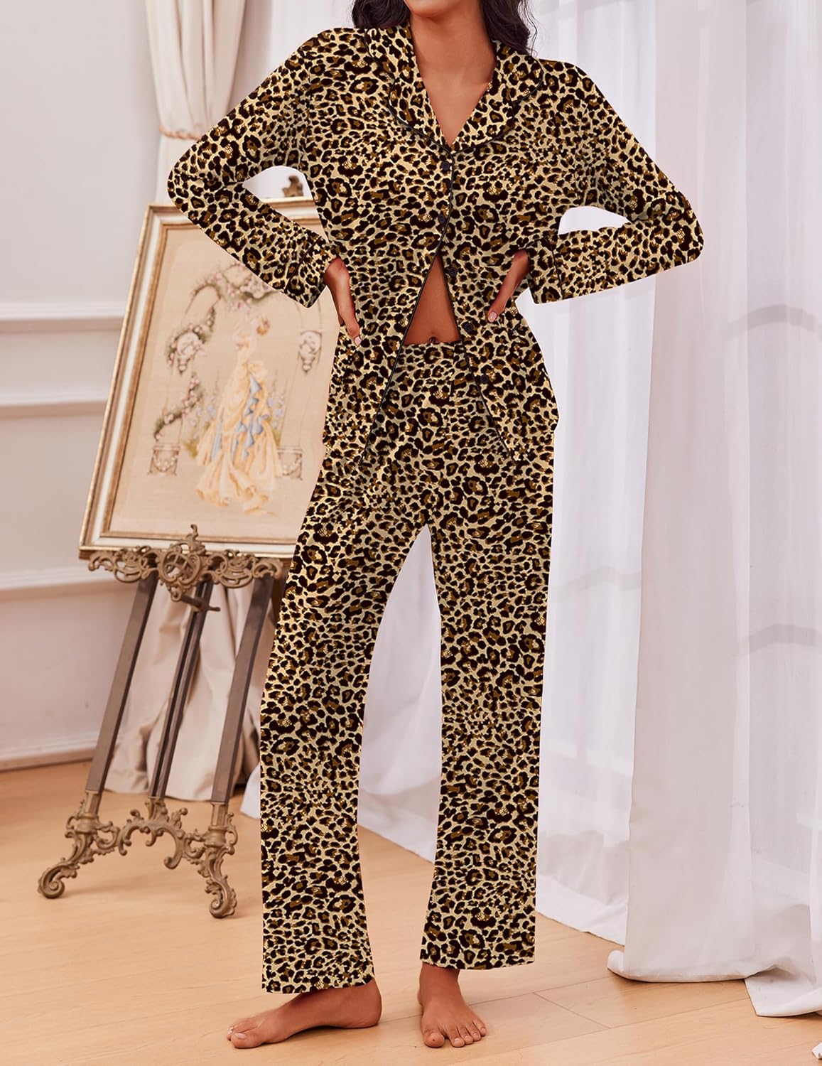 Tawny leopard-print pajama set with button front long sleeves and flared pants
