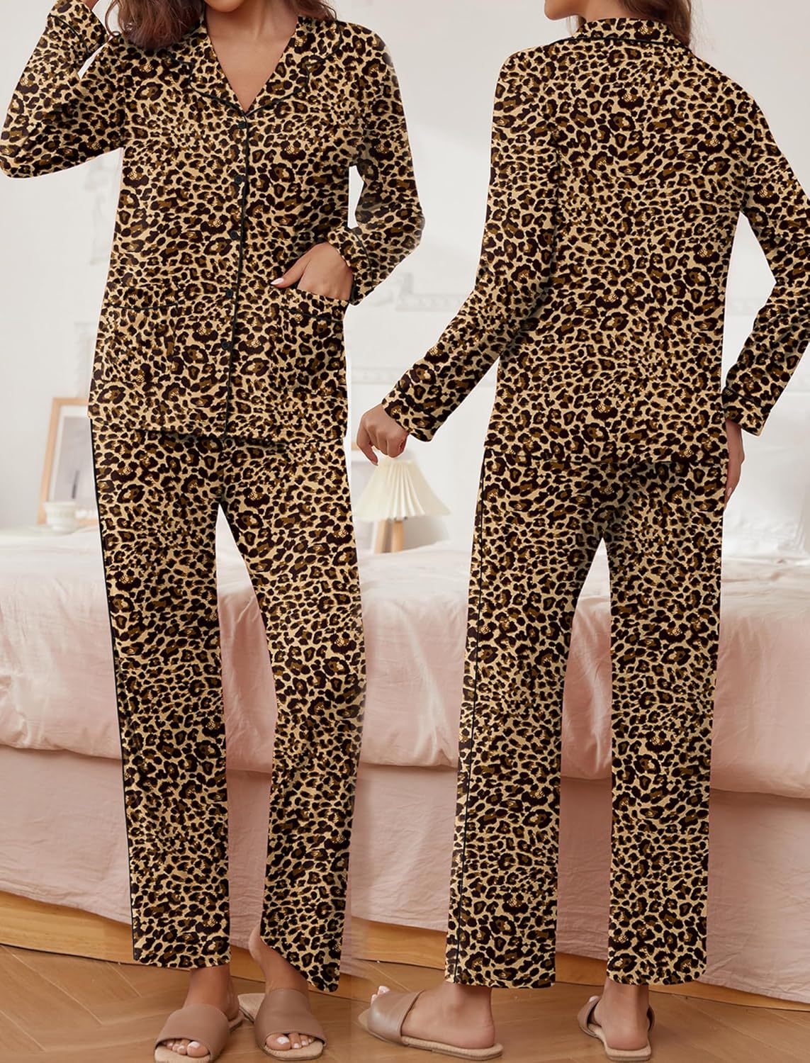 Tawny leopard-print pajama set with long-sleeve button shirt and matching pants