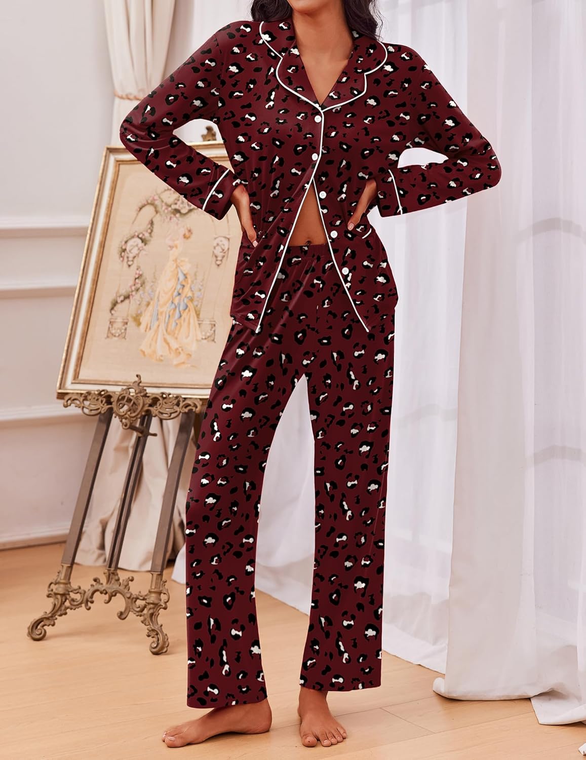Wine red cat-print long pajama set with chest pockets and straight-leg trousers
