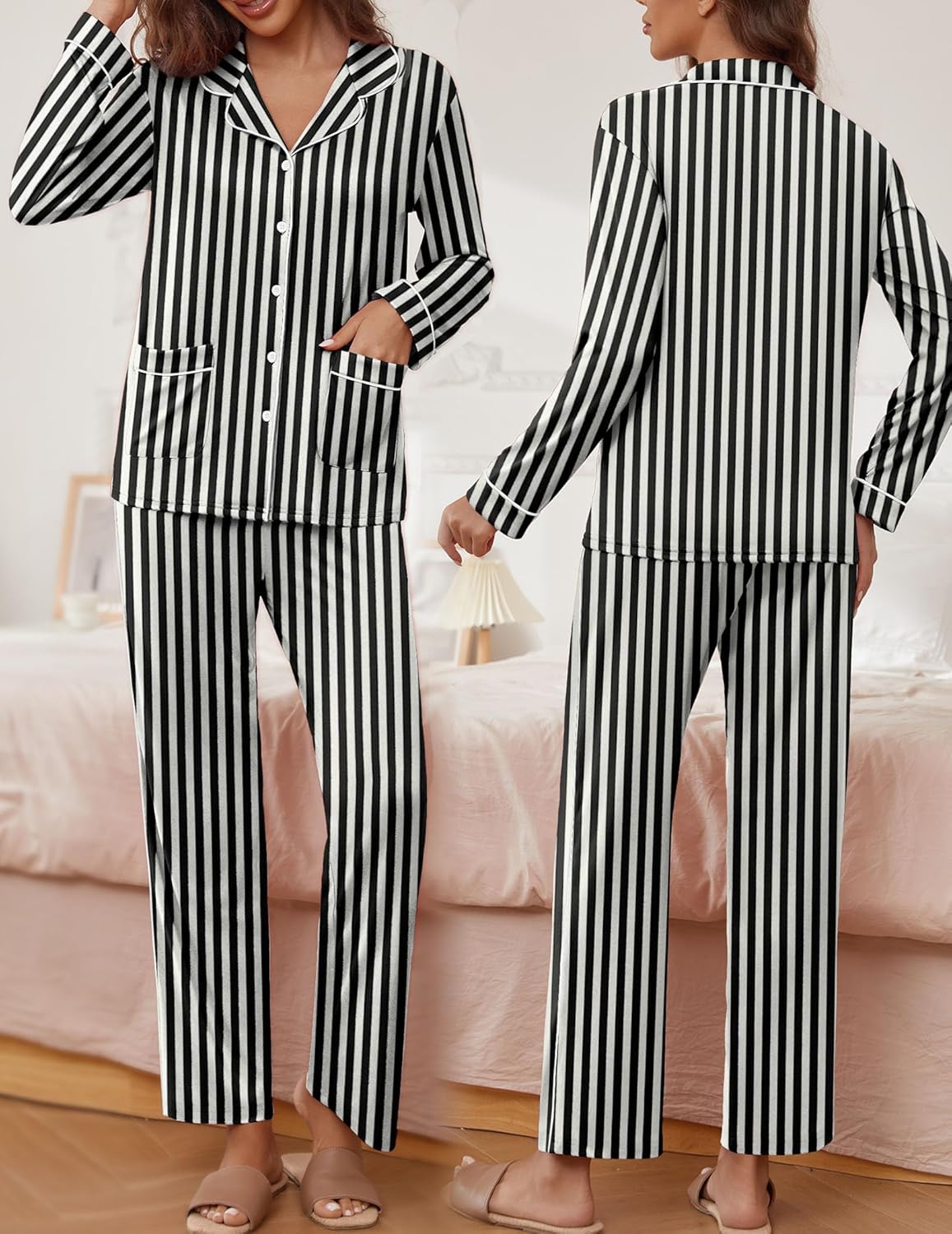Black-and-white striped pajama set with long-sleeve button shirt and slit-leg pants