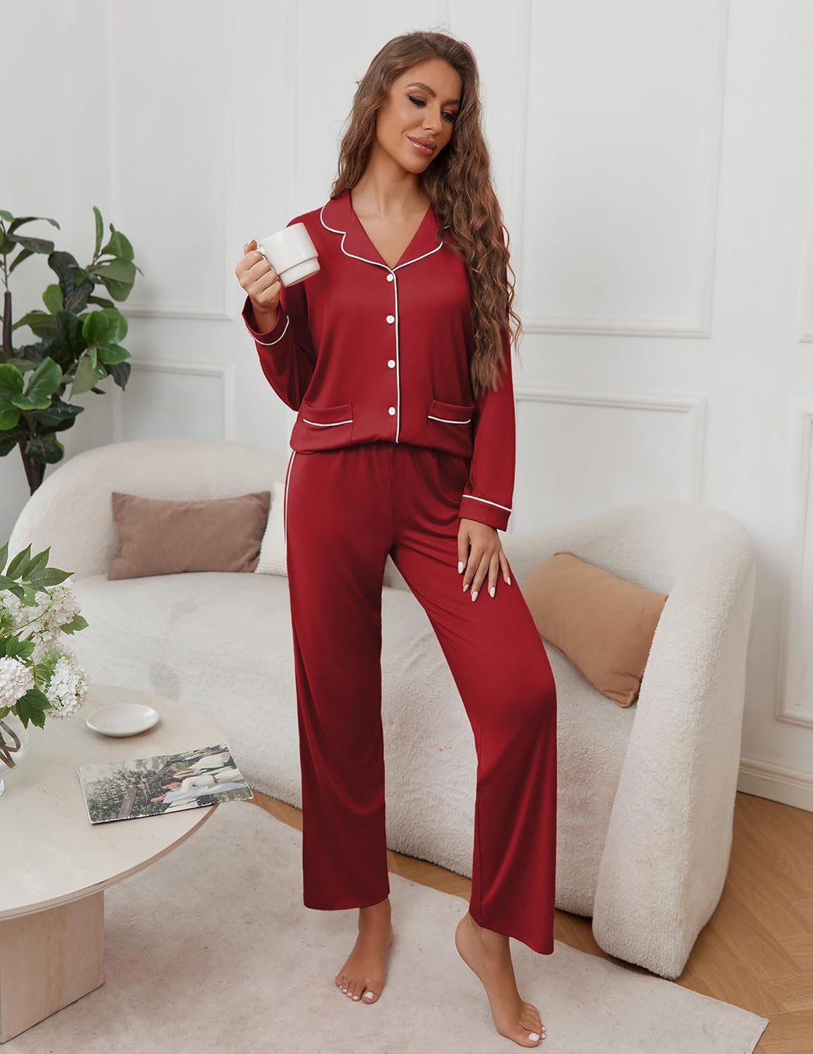 TEDDY pajama set long sleeve shirt and pants, burgundy/wine red, button placket and cuffs