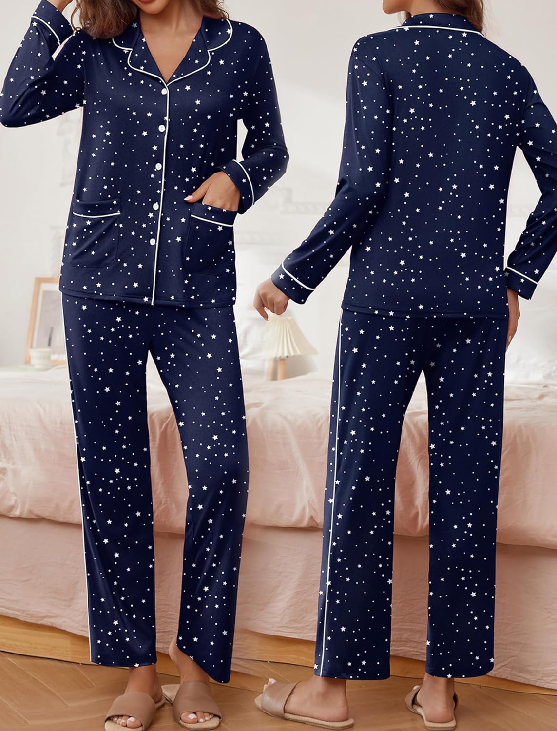 TEDDY pajama set long sleeve shirt and pants, navy with white star print, button front
