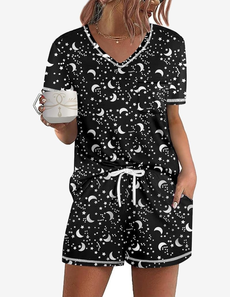 Black Moon Star Schlafanzug-Set: schwarzes Kurzarm-Top mit V-Ausschnitt und Sternen/Monde-Print
