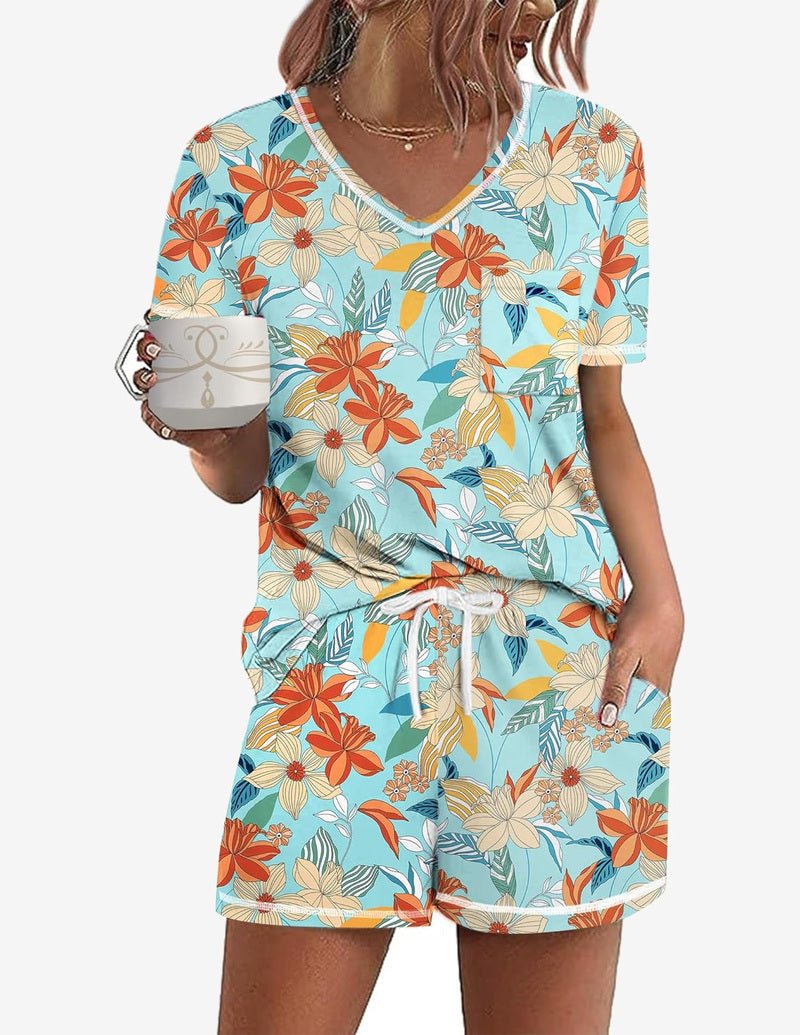 Light blue floral short-sleeve pajama set with V-neck top and matching drawstring shorts