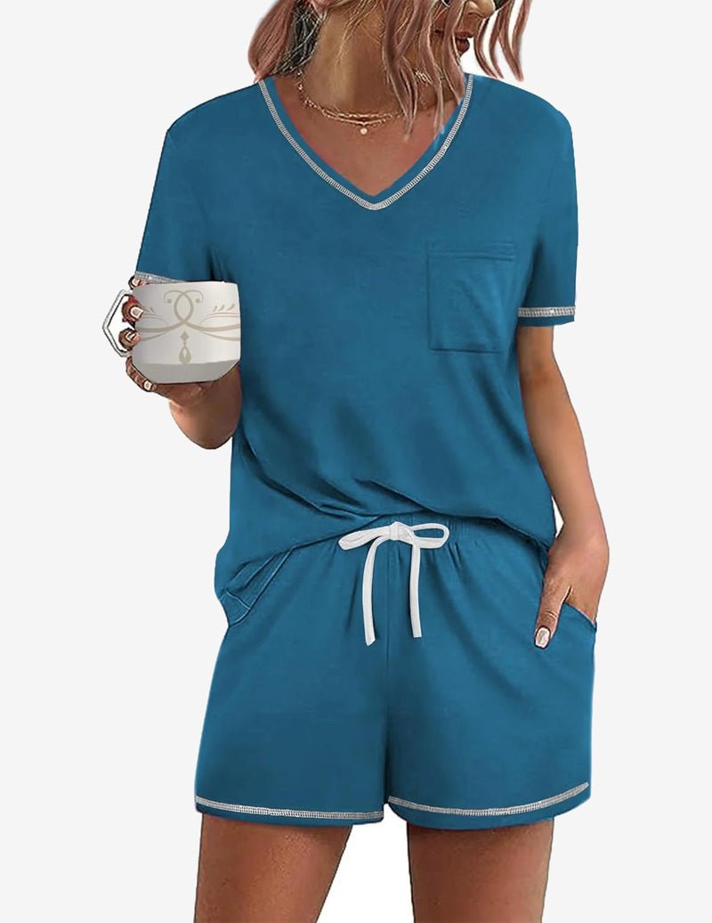 Teal short-sleeve pajama set with V-neck top and solid drawstring shorts