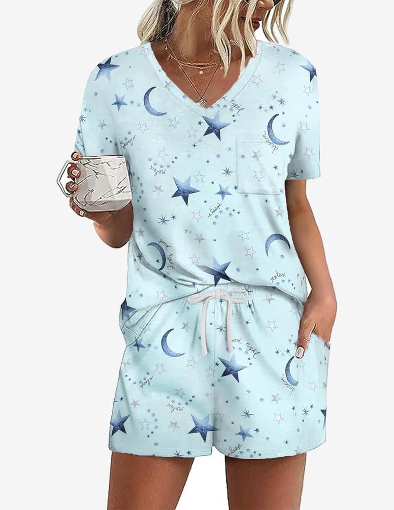Light blue star and moon short-sleeve pajama set with V-neck top and drawstring shorts