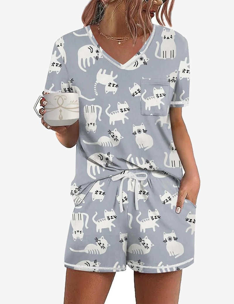 Light gray cat print short-sleeve pajama set with V-neck top and drawstring shorts