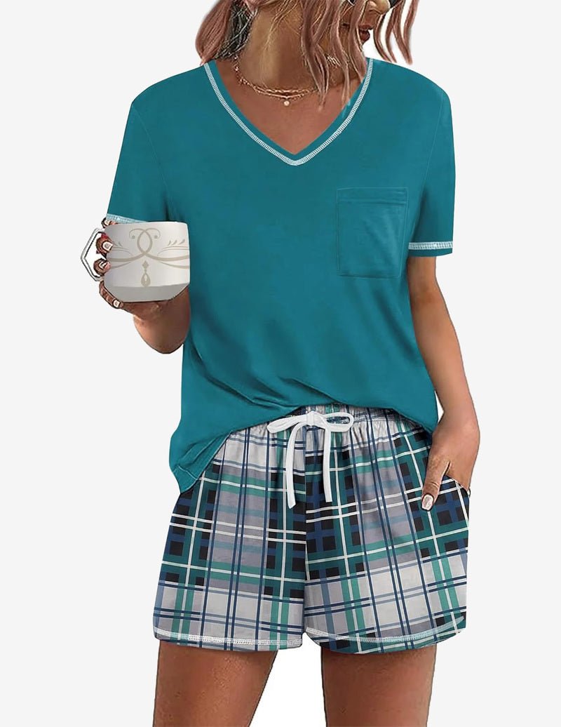 Teal short-sleeve pajama set with V-neck top and navy plaid drawstring shorts