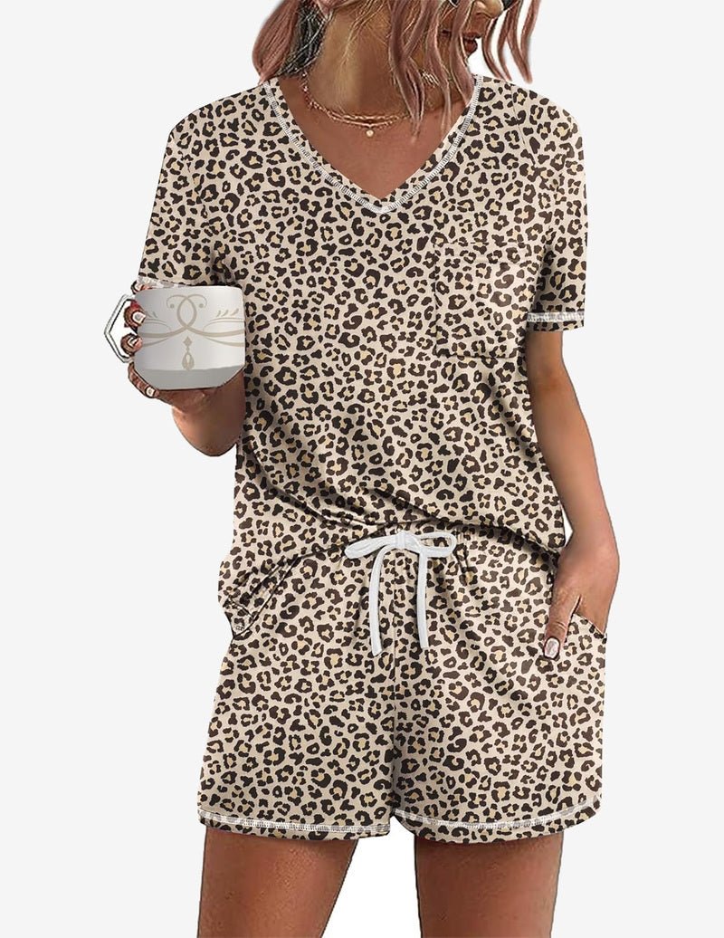 Leopardfarbenes Teddy-Pyjama-Set, kurzärmliges Oberteil mit V-Ausschnitt und Shorts