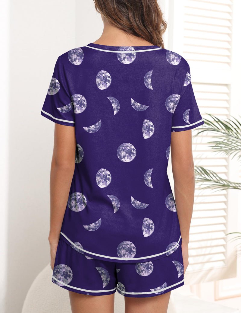 Teddy Blue Moon pajama set: purple short-sleeve top and matching moon-pattern shorts